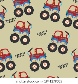 Seamless pattern vector of monster truck with cartoon style, Creative vector childish background for fabric textile, nursery background, baby clothes, poster, wrapping paper and other decoration.