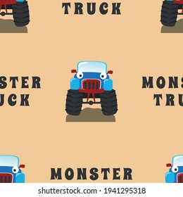 Seamless pattern vector of monster truck with cartoon style, Creative vector childish background for fabric textile, nursery background, baby clothes, poster, wrapping paper and other decoration.