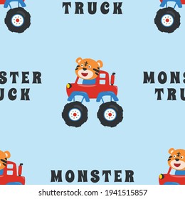 Seamless pattern vector of monster truck with animal driver, Creative vector childish background for fabric textile, nursery background, baby clothes, poster, wrapping paper and other decoration.