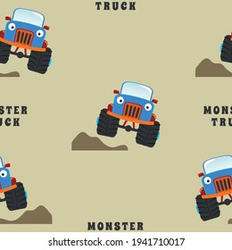 Seamless pattern vector of monster truck with cartoon style, Creative vector childish background for fabric textile, nursery background, baby clothes, poster, wrapping paper and other decoration.