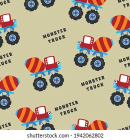 Seamless pattern vector of monster truck with cartoon style, Creative vector childish background for fabric textile, nursery background, baby clothes, poster, wrapping paper and other decoration.