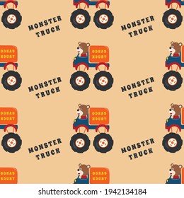 Seamless pattern vector of monster truck with animal driver, Creative vector childish background for fabric textile, nursery background, baby clothes, poster, wrapping paper and other decoration.