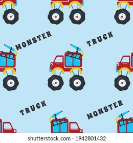 Seamless pattern vector of monster truck with cartoon style, Creative vector childish background for fabric textile, nursery background, baby clothes, poster, wrapping paper and other decoration.