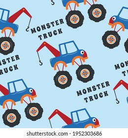 Seamless pattern vector of monster truck with cartoon style, Creative vector childish background for fabric textile, nursery background, baby clothes, poster, wrapping paper and other decoration.