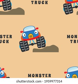 Seamless pattern vector of monster truck with cartoon style, Creative vector childish background for fabric textile, nursery background, baby clothes, poster, wrapping paper and other decoration.
