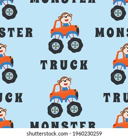 Seamless pattern vector of monster truck with cartoon style, Creative vector childish background for fabric textile, nursery background, baby clothes, poster, wrapping paper and other decoration.