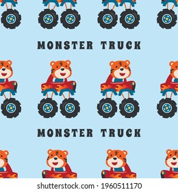Seamless pattern vector of monster truck with cartoon style, Creative vector childish background for fabric textile, nursery background, baby clothes, poster, wrapping paper and other decoration.