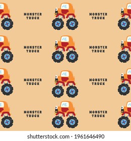 Seamless pattern vector of monster truck with cartoon style, Creative vector childish background for fabric textile, nursery background, baby clothes, poster, wrapping paper and other decoration.