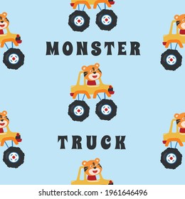 Seamless pattern vector of monster truck with cartoon style, Creative vector childish background for fabric textile, nursery background, baby clothes, poster, wrapping paper and other decoration.