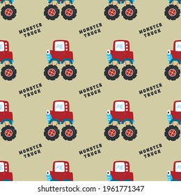 Seamless pattern vector of monster truck with cartoon style, Creative vector childish background for fabric textile, nursery background, baby clothes, poster, wrapping paper and other decoration.