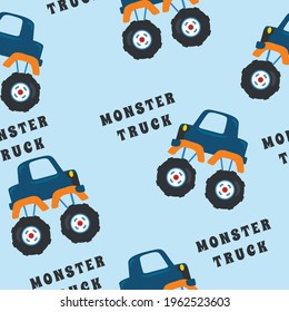 Seamless pattern vector of monster truck with cartoon style, Creative vector childish background for fabric textile, nursery background, baby clothes, poster, wrapping paper and other decoration.