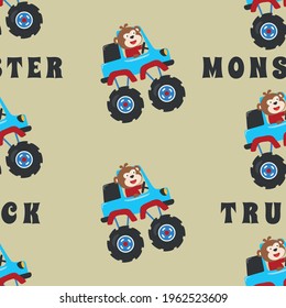 Seamless pattern vector of monster truck with cartoon style, Creative vector childish background for fabric textile, nursery background, baby clothes, poster, wrapping paper and other decoration.