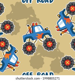 Seamless pattern vector of monster truck with cartoon style. For fabric textile, nursery, baby clothes, background, textile, wrapping paper and other decoration.