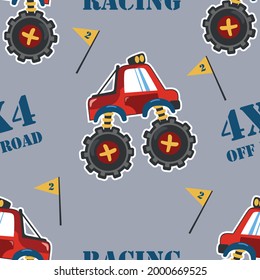 Seamless pattern vector of monster truck with cartoon style. For fabric textile, nursery, baby clothes, background, textile, wrapping paper and other decoration.