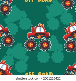 Seamless pattern vector of monster truck with cartoon style. For fabric textile, nursery, baby clothes, background, textile, wrapping paper and other decoration.