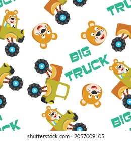 Seamless pattern vector of monster truck with animal driver. Creative vector childish background for fabric textile, nursery background, baby clothes, poster, wrapping paper and other decoration.