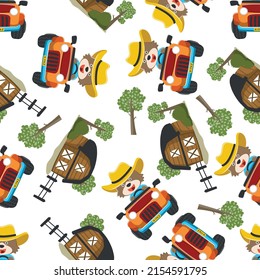 Seamless pattern vector of monster truck with animal driver. Creative vector childish background for fabric textile, nursery background, baby clothes, poster, wrapping paper and other decoration.