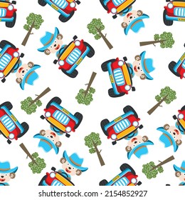 Nahtlose Mustervektor des Monster-LKW mit Tierfahrer. Kreativer, kinetischer Hintergrund für Textilien, Kinderhintergrund, Babybekleidung, Poster, Wickelpapier und andere Dekoration.