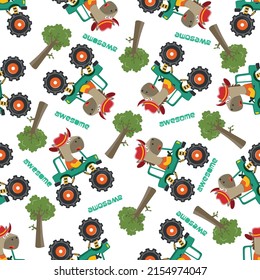 Vector de patrón sin inconvenientes de camión monstruo con conductor animal. Fondo infantil vectorial creativo para tela textil, fondo de vivero, ropa de bebé, afiche, papel envolvente y otra decoración.