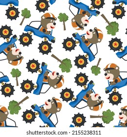 Seamless pattern vector of monster truck with animal driver. Creative vector childish background for fabric textile, nursery background, baby clothes, poster, wrapping paper and other decoration.