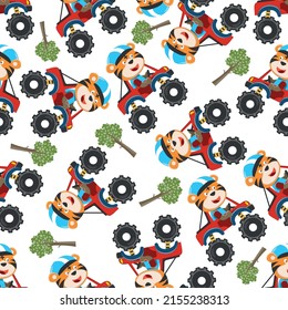 Seamless pattern vector of monster truck with animal driver. Creative vector childish background for fabric textile, nursery background, baby clothes, poster, wrapping paper and other decoration.