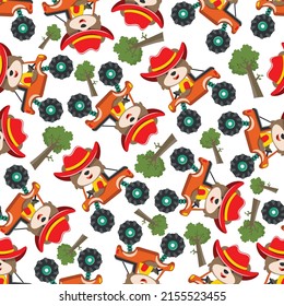 Seamless pattern vector of monster truck with animal driver. Creative vector childish background for fabric textile, nursery background, baby clothes, poster, wrapping paper and other decoration.