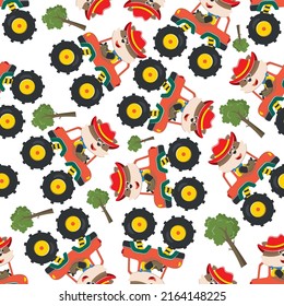 Seamless pattern vector of monster truck with animal driver. Creative vector childish background for fabric textile, nursery background, baby clothes, poster, wrapping paper and other decoration.