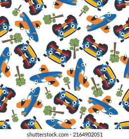 Vector de patrón sin foco de camión monstruo y pequeño avión lindo. Fondo infantil vectorial creativo para tela, textil, papel tapiz de vivero, tarjeta, afiche y otra decoración.