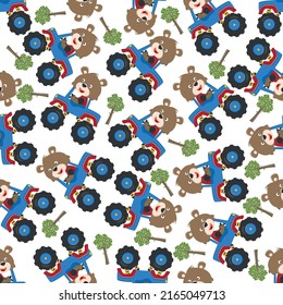 Seamless pattern vector of monster truck with animal driver. Creative vector childish background for fabric textile, nursery background, baby clothes, poster, wrapping paper and other decoration.