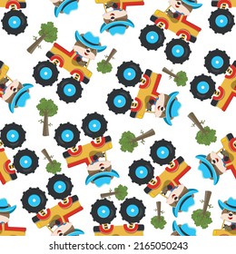 Seamless pattern vector of monster truck with animal driver. Creative vector childish background for fabric textile, nursery background, baby clothes, poster, wrapping paper and other decoration.