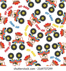 Seamless pattern vector of monster truck with animal driver. Creative vector childish background for fabric textile, nursery background, baby clothes, poster, wrapping paper and other decoration.