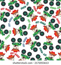 Seamless pattern vector of monster truck with animal driver. Creative vector childish background for fabric textile, nursery background, baby clothes, poster, wrapping paper and other decoration.