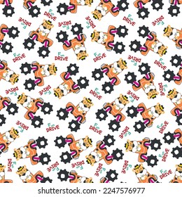 Seamless pattern vector of monster truck with little tiger driver. Creative vector childish background for fabric textile, nursery background, baby clothes, wrapping paper and other decoration.