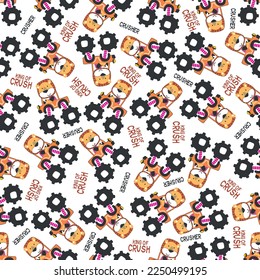 Seamless pattern vector of monster truck with little lion driver. Creative vector childish background for fabric textile, nursery background, baby clothes, wrapping paper and other decoration.