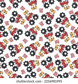 Seamless pattern vector of monster truck with little tiger driver. Creative vector childish background for fabric textile, nursery background, baby clothes, wrapping paper and other decoration.