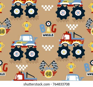 seamless pattern vector of monster truck race cartoon