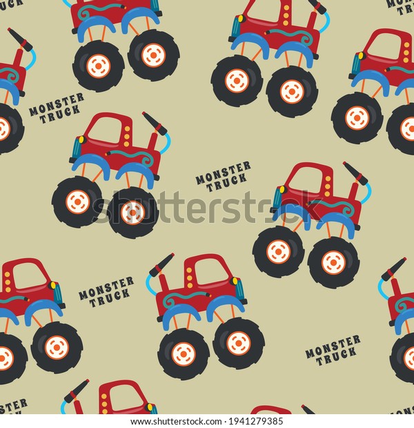Seamless pattern vector of monster truck with\
cartoon style, Creative vector childish background for fabric\
textile, nursery background, baby clothes, poster, wrapping paper\
and other decoration.
