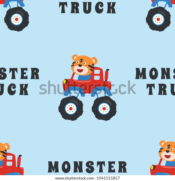 Seamless pattern vector of monster truck with\
animal driver, Creative vector childish background for fabric\
textile, nursery background, baby clothes, poster, wrapping paper\
and other decoration.