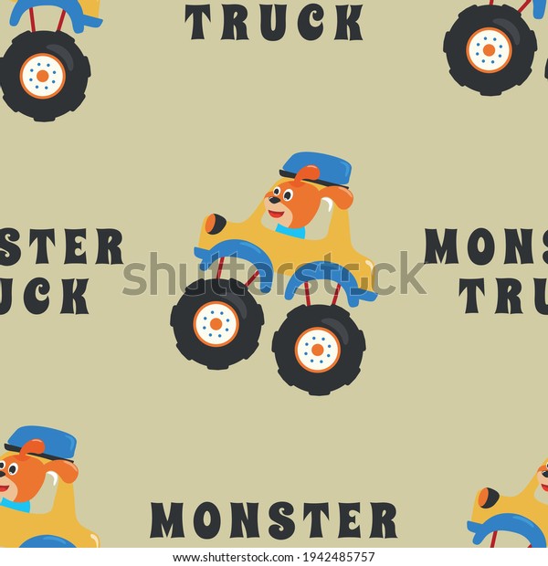 Seamless pattern vector of monster truck with
animal driver, Creative vector childish background for fabric
textile, nursery background, baby clothes, poster, wrapping paper
and other decoration.