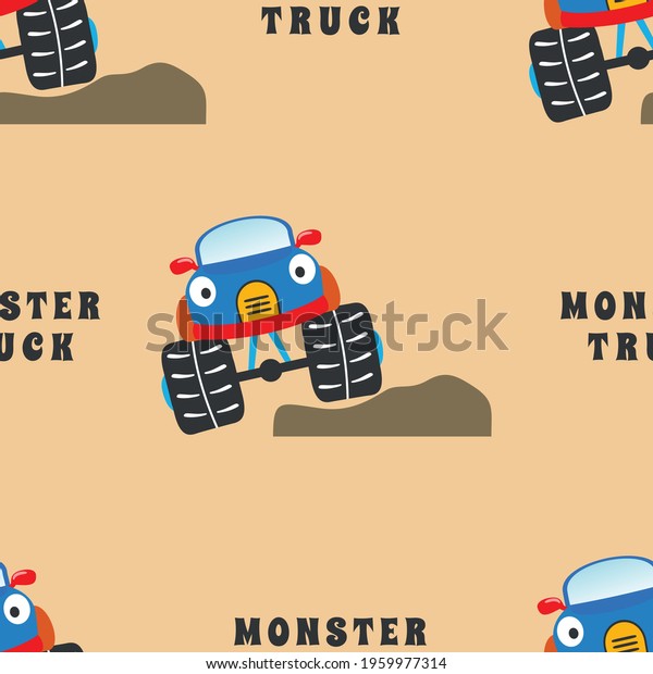 Seamless pattern vector of monster truck with
cartoon style, Creative vector childish background for fabric
textile, nursery background, baby clothes, poster, wrapping paper
and other decoration.