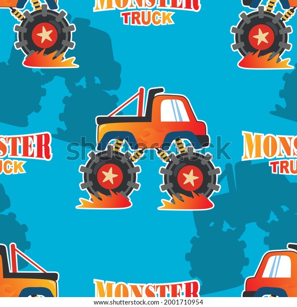 Seamless pattern vector of monster\
truck with cartoon style. For fabric textile, nursery, baby\
clothes, background, textile, wrapping paper and other\
decoration.