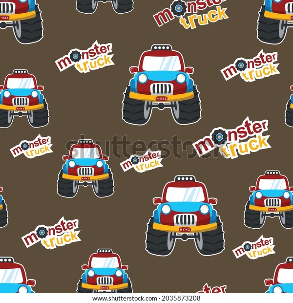 seamless pattern vector of monster
truck cartoon, Creative vector childish background for fabric,
textile, nursery wallpaper, card, poster and other
decoration.
