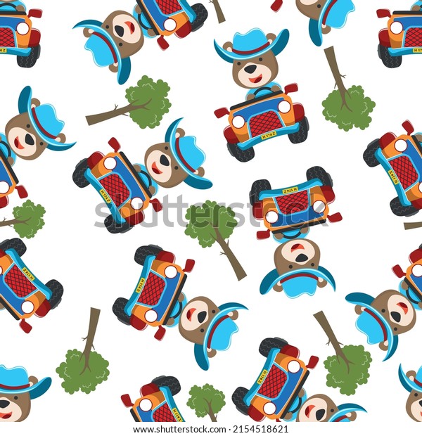 Seamless pattern vector of monster truck with\
animal driver. Creative vector childish background for fabric\
textile, nursery background, baby clothes, poster, wrapping paper\
and other decoration.