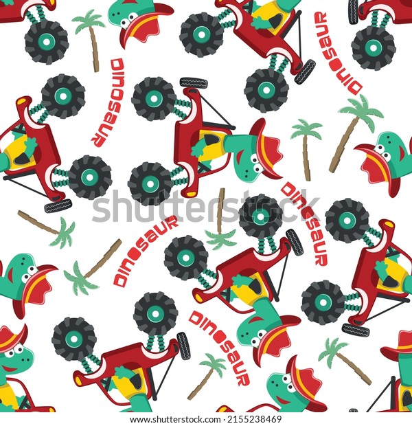 Seamless pattern vector of monster truck with\
dinosaur driver. Creative vector childish background for fabric\
textile, nursery background, baby clothes, poster, wrapping paper\
and other decoration.