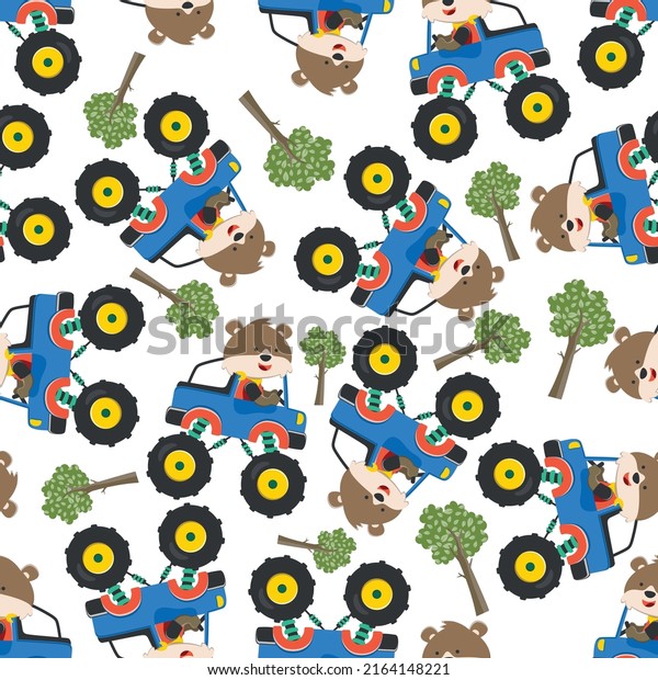 Seamless pattern vector of monster truck with
animal driver. Creative vector childish background for fabric
textile, nursery background, baby clothes, poster, wrapping paper
and other decoration.