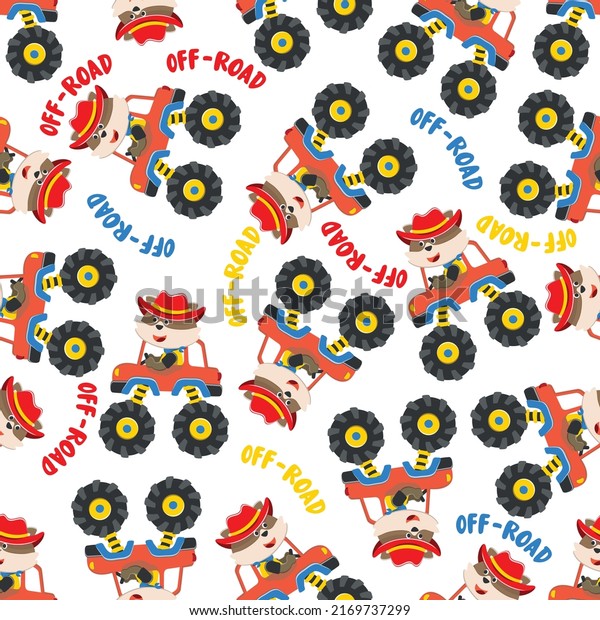 Seamless pattern vector of monster truck with\
animal driver. Creative vector childish background for fabric\
textile, nursery background, baby clothes, poster, wrapping paper\
and other decoration.