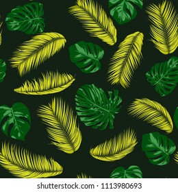 Seamless Pattern with Vector Monstera and Palm Leaves. Exotic Summer Background. Green and Yellow Jungle Foliage. Tropic Seamless Pattern for Print, Paper, Fabric, Textile, Wallpaper, Cloth Design.