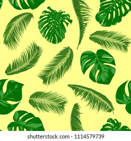 Seamless Pattern with Vector Monstera and Palm Leaves. Exotic Summer Background. Green Jungle Foliage. Tropic Seamless Pattern for Print, Paper, Fabric, Textile, Wallpaper, Wrapping, Cloth Design.