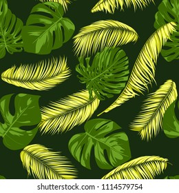 Seamless Pattern with Vector Monstera and Palm Leaves. Exotic Summer Background. Green and Yellow Jungle Foliage. Tropic Seamless Pattern for Print, Paper, Fabric, Textile, Wallpaper, Cloth Design.