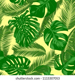 Seamless Pattern with Vector Monstera and Palm Leaves. Exotic Summer Background. Green Jungle Foliage. Tropic Seamless Pattern for Print, Paper, Fabric, Textile, Wallpaper, Wrapping, Cloth Design.